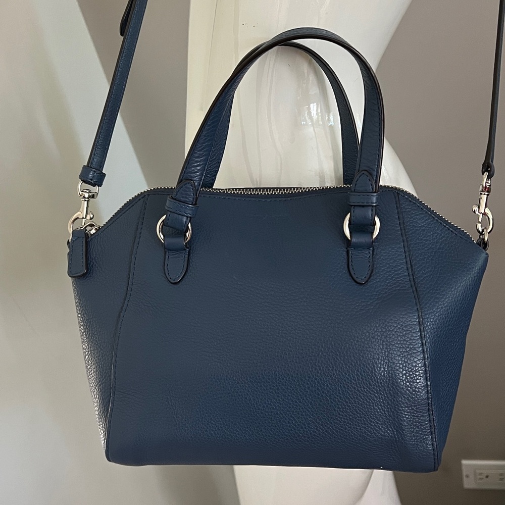 Coach Blue Pebbled Leather Two Way Crossbody Double Handle Zip Top Satchel Bag - Picture 8 of 12